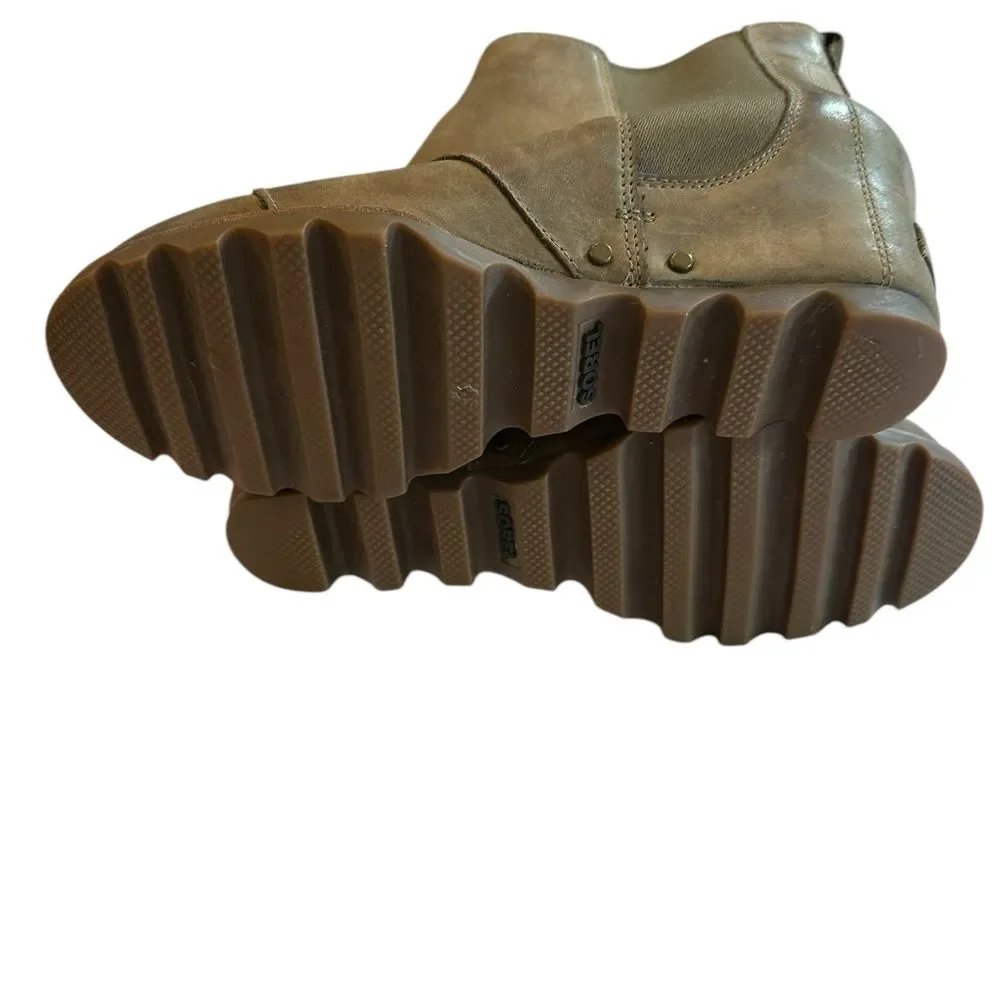 Womens SOREL Lea Elk II Peatmoss Olive Green Leather Hidden Wedge Chelsea 7.5